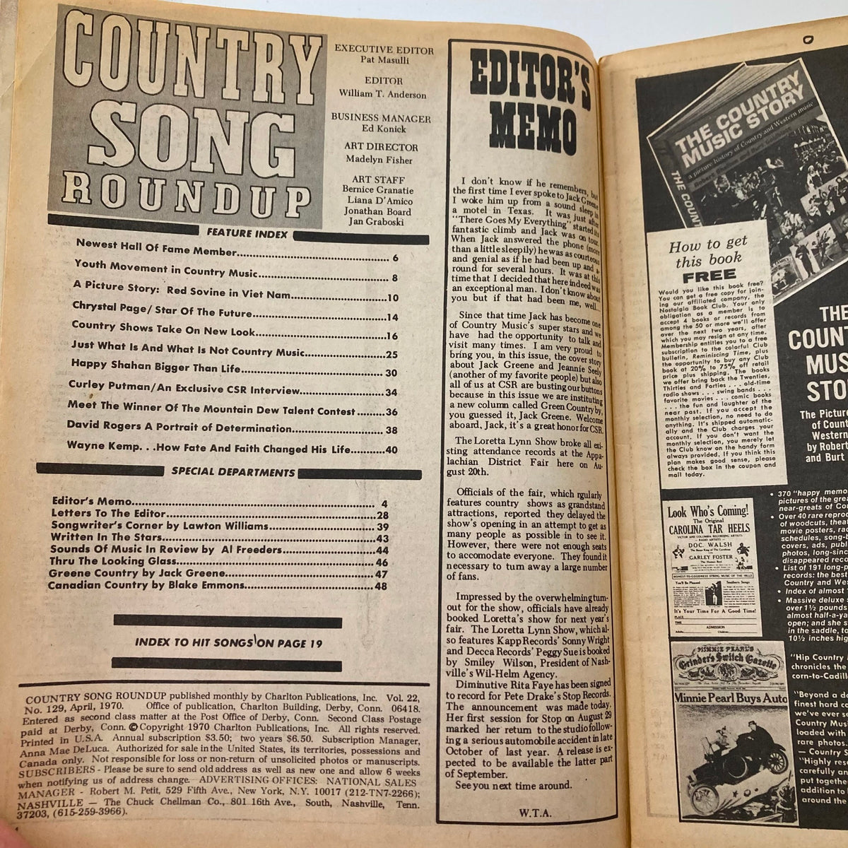 Inside page of the VTG Country Song Roundup Magazine April 1970 displaying the feature index, editor's memo, and article highlights from the issue.