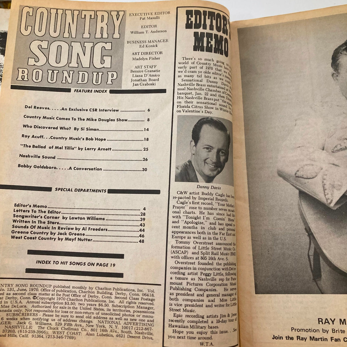 Inside page of VTG Country Song Roundup Magazine June 1970, highlighting the feature index, editor's memo, and a photo of Danny Davis, reflecting the era's music journalism.