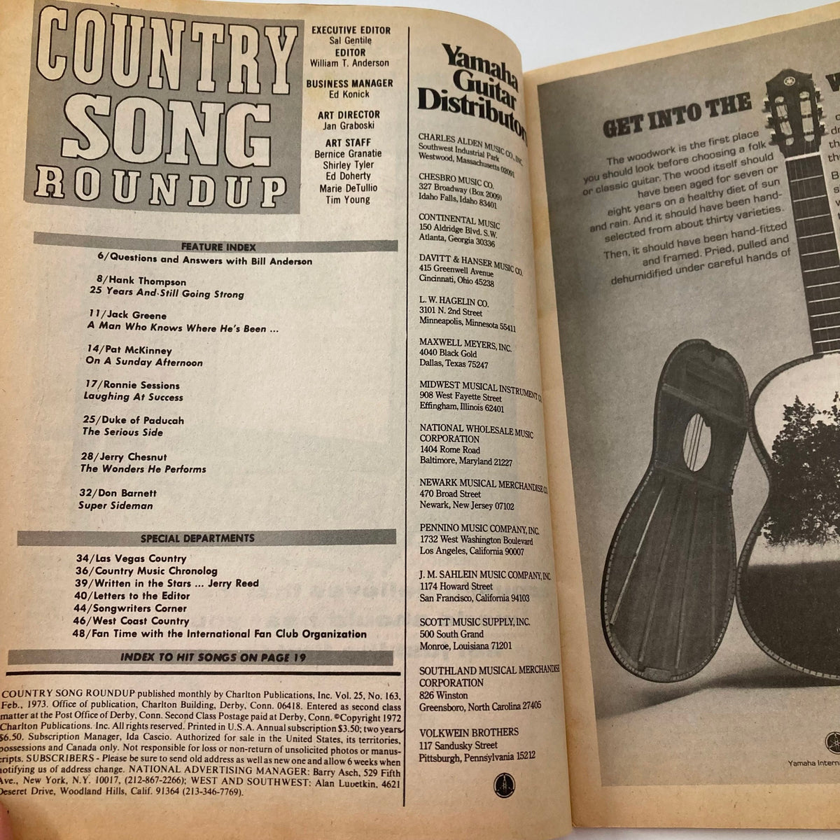 Inside view of the Country Song Roundup Magazine February 1973, displaying the contents page and featuring articles on influential country artists.