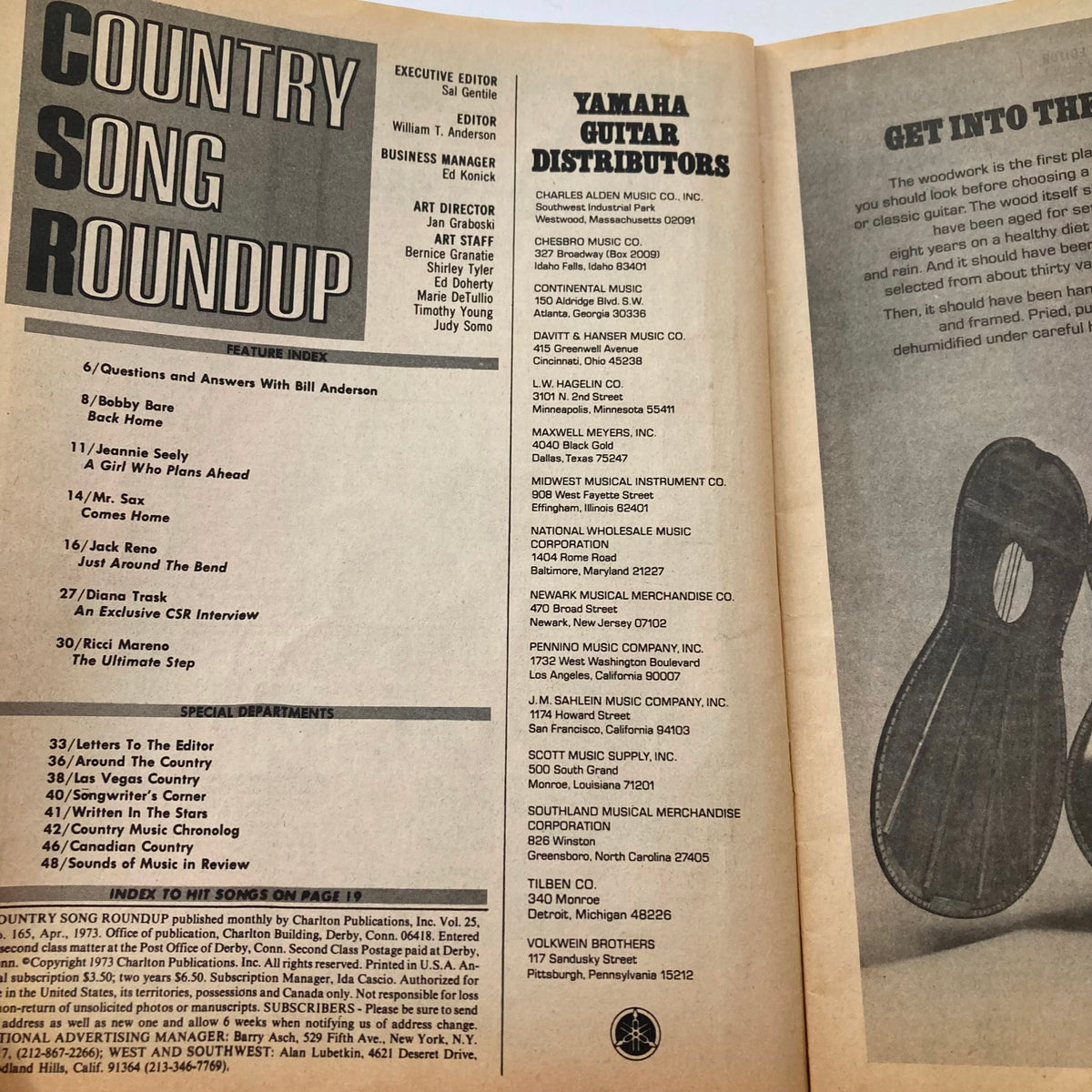 Interior page of VTG Country Song Roundup Magazine April 1973 with feature index and content details highlighting Bill Anderson's interview.