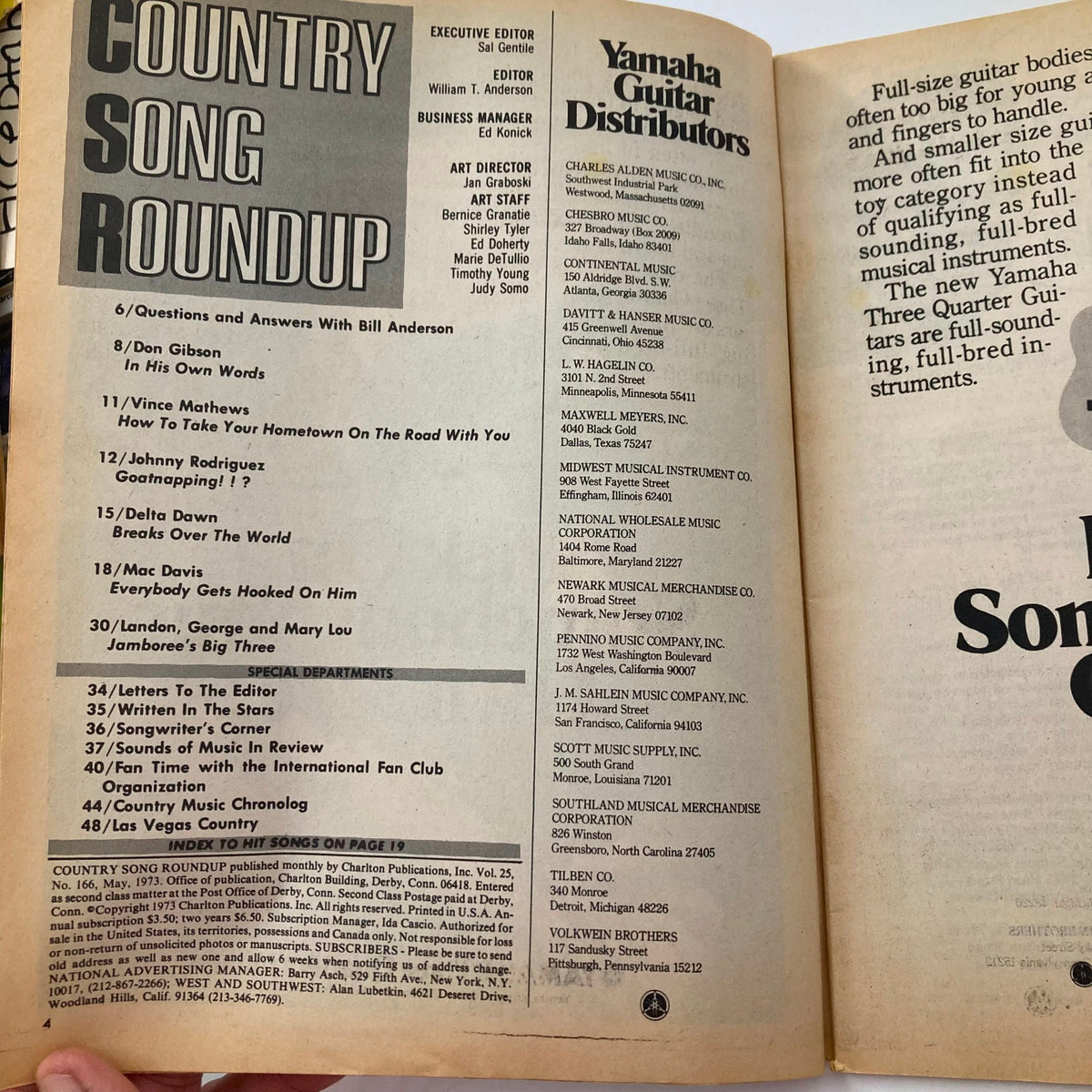 Inside page of the VTG Country Song Roundup Magazine May 1973 displaying the table of contents and articles about Johnny Rodriguez and Don Gibson.