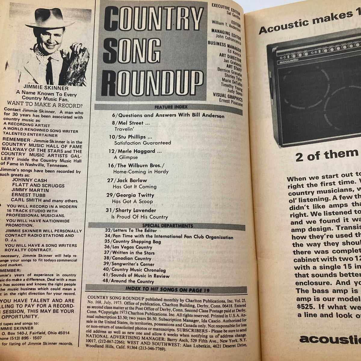 Inside page of VTG Country Song Roundup Magazine July 1973, showcasing feature index and articles including a glimpse of Merle Haggard, Jimmie Skinner, and other country music stars.