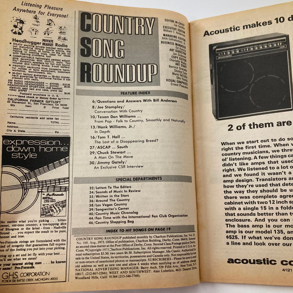 Interior page of the VTG Country Song Roundup Magazine August 1973, featuring a feature index and articles, including Hank Williams Jr. and conversations with country artists.