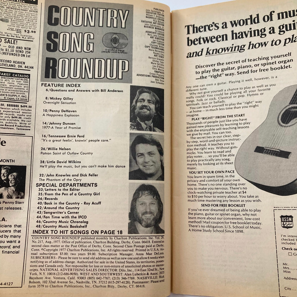 Inside pages of VTG Country Song Roundup Magazine August 1977 showcasing the feature index including artists like Mickey Gilley and Tennessee Ernie Ford.