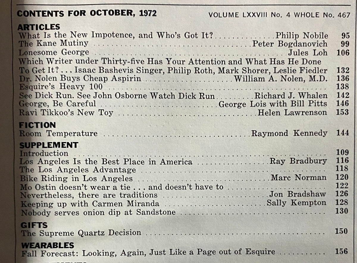 Table of contents for Esquire Magazine October 1972, detailing articles such as 'What Is the New Impotence, and Who’s Got It?' and contributions by notable writers like Philip Nobile and Ray Bradbury, highlighting key themes of the issue.