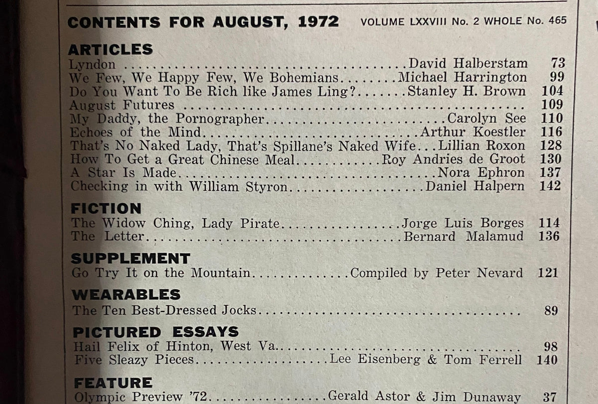 Table of contents for Esquire Magazine August 1972, highlighting articles by prominent writers and notable features in the magazine.