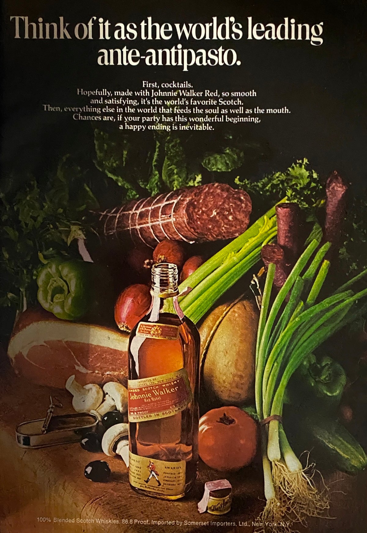 Vintage advertisement for Johnnie Walker Red Scotch in Esquire Magazine August 1972, incorporating elements of fine dining and entertaining.