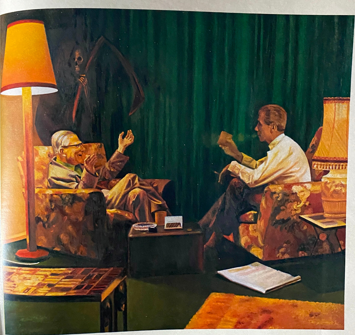 Illustration from Esquire Magazine January 1974 depicting a humorous conversation between two characters in an artistically designed living room, reflecting the whimsical style of the Dubious Achievement Awards of 1973.