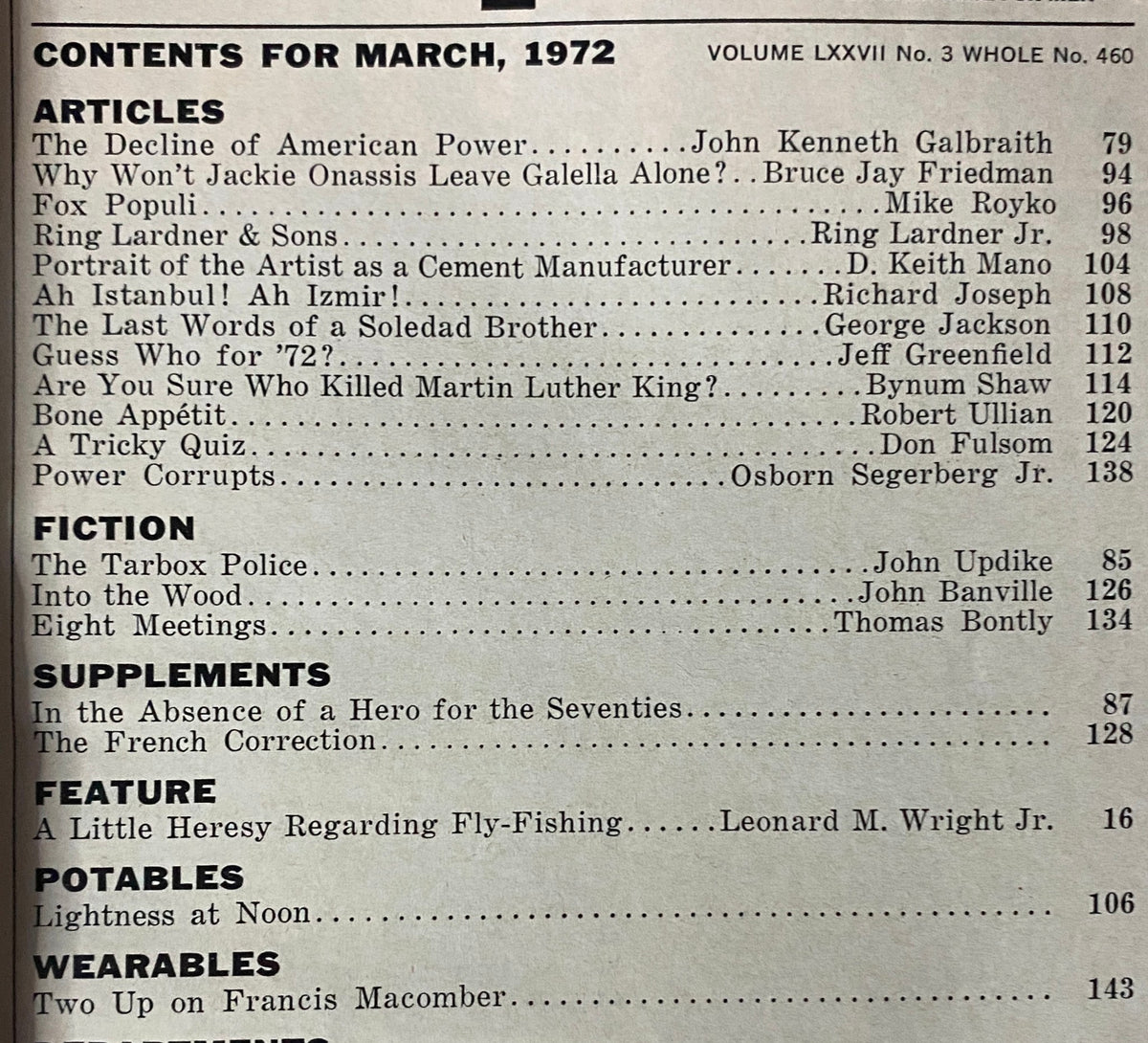 Table of contents from Esquire Magazine March 1972 detailing featured articles, fiction, and supplements, highlighting significant topics of the era.