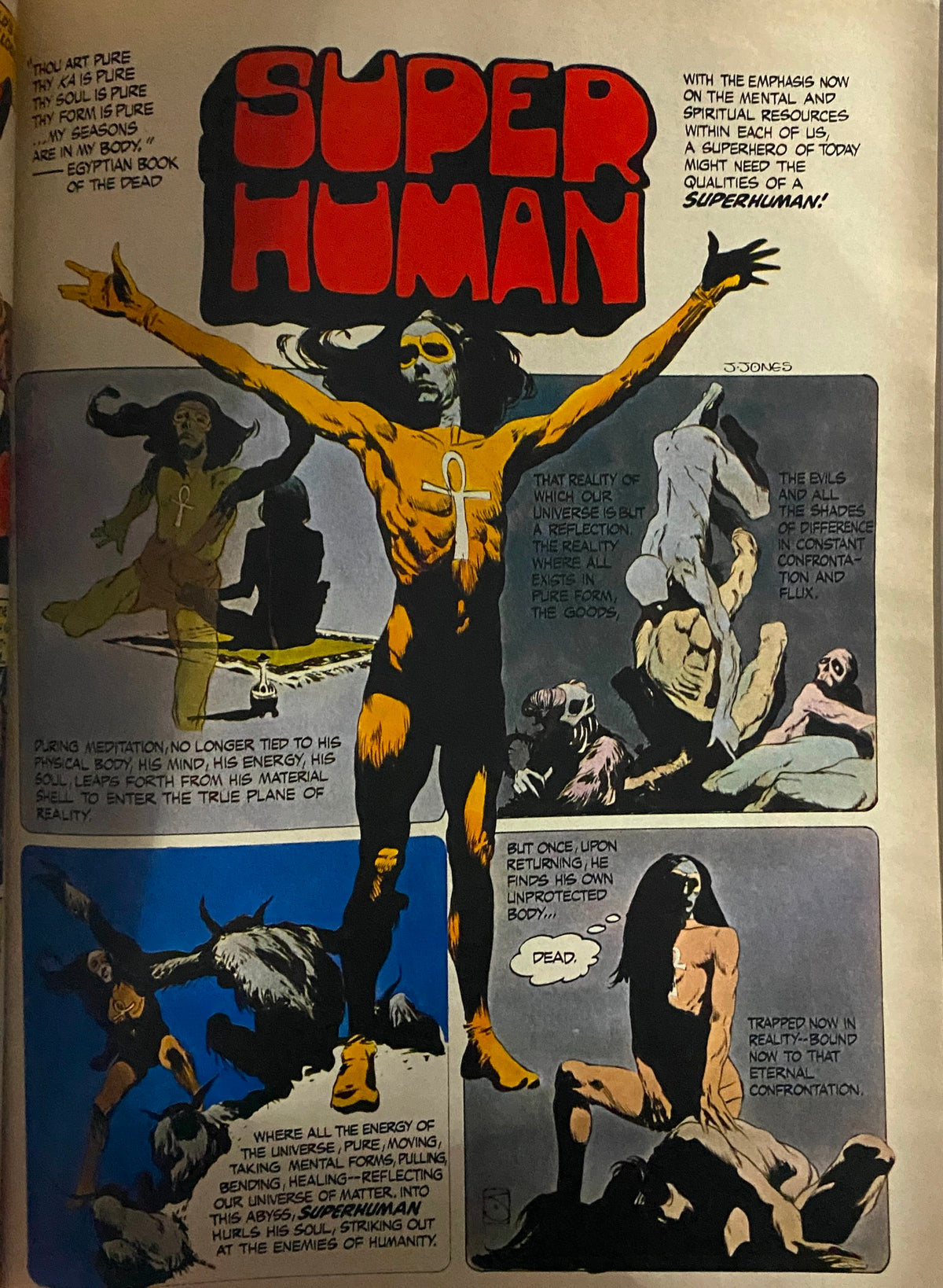 Illustration from Esquire Magazine March 1972 titled 'Super Human', depicting a mythical figure with thematic elements of spirituality and the human condition.