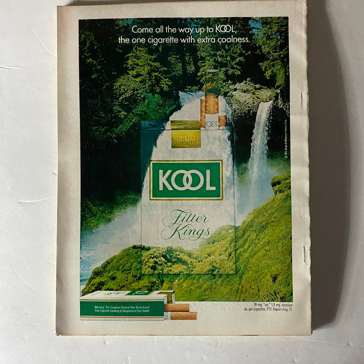 Vintage advertisement for KOOL Filter Kings cigarettes, featured in Esquire Magazine March 1972, showcasing the serene natural landscape as a backdrop for the product.