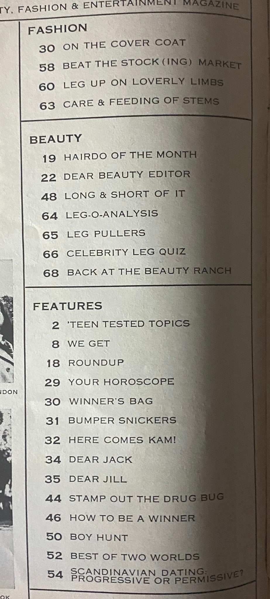 Contents page of Teen Magazine January 1969, listing articles about fashion, beauty, and teen lifestyle including 'Dear Beauty Editor' and 'Boy Hunt'.