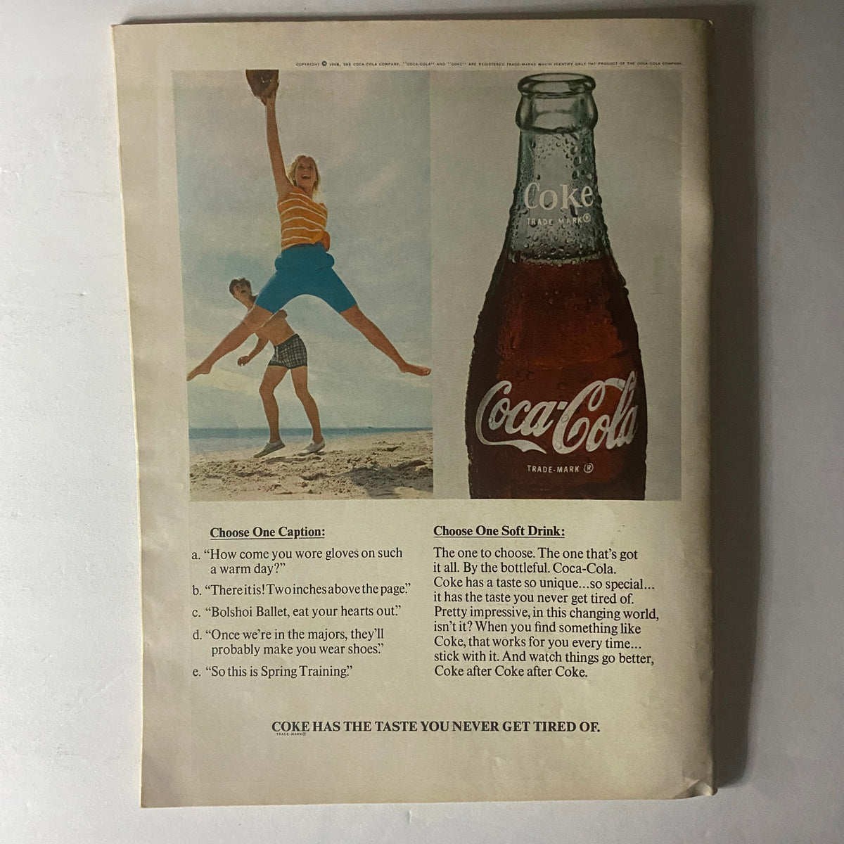 Vintage advertisement in Teen Magazine July 1968 Seal of Approval / Disapproval featuring a joyful scene of kids at the beach with a Coca-Cola bottle, inviting readers to enjoy refreshing drinks.
