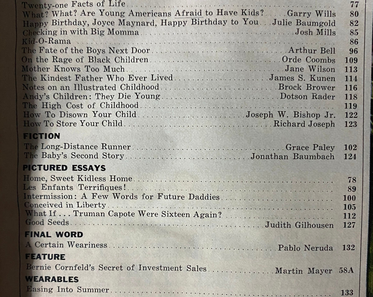 Contents page of Esquire Magazine March 1974 featuring various articles and essays on parenting, childhood issues, and literature.