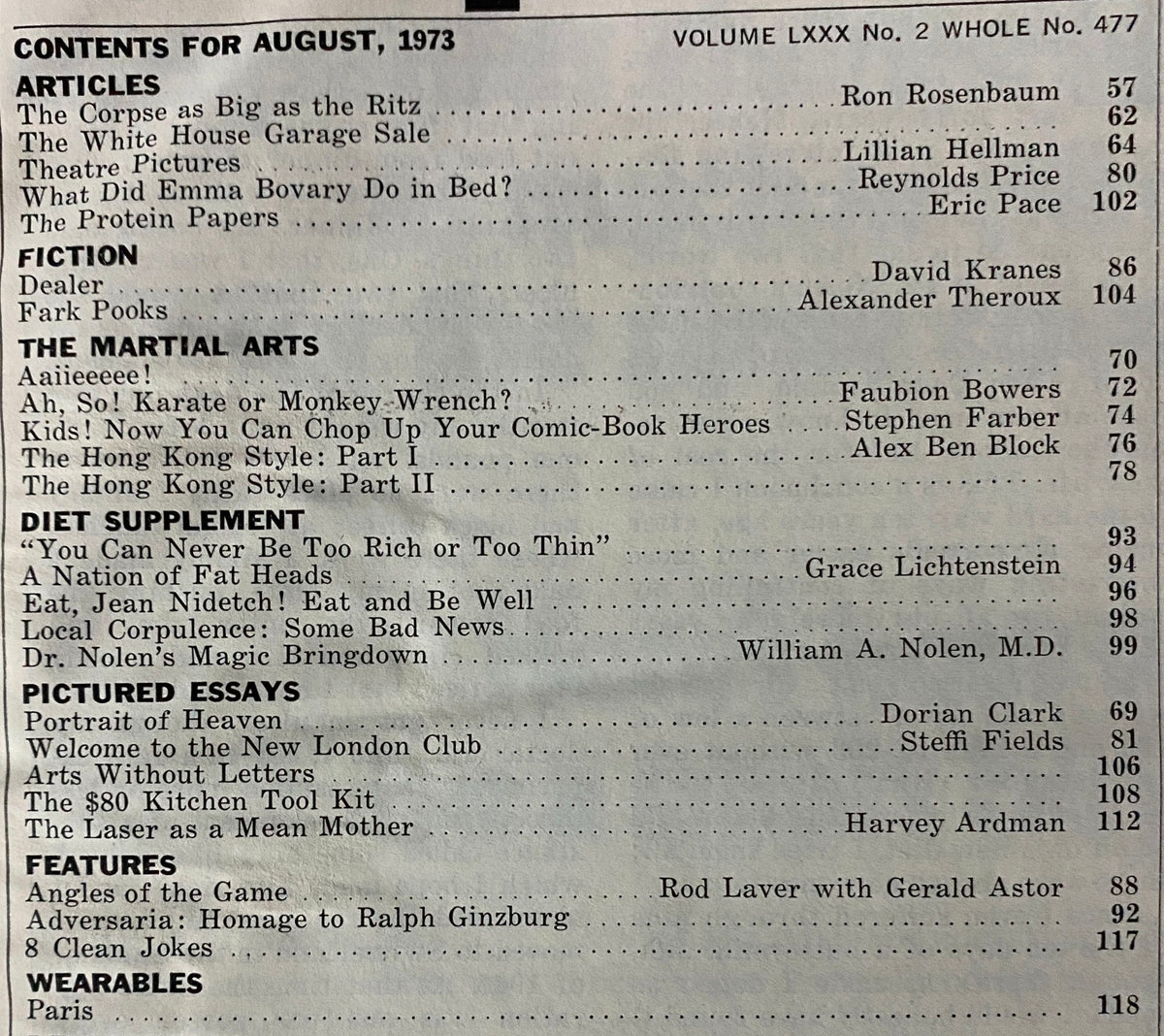Contents page of Esquire Magazine August 1973 including article titles such as 'The Corpse as Big as the Ritz', 'What Did Emma Bovary Do in Bed?', and topics in martial arts and cultural commentary, showcasing the magazine's diverse content.