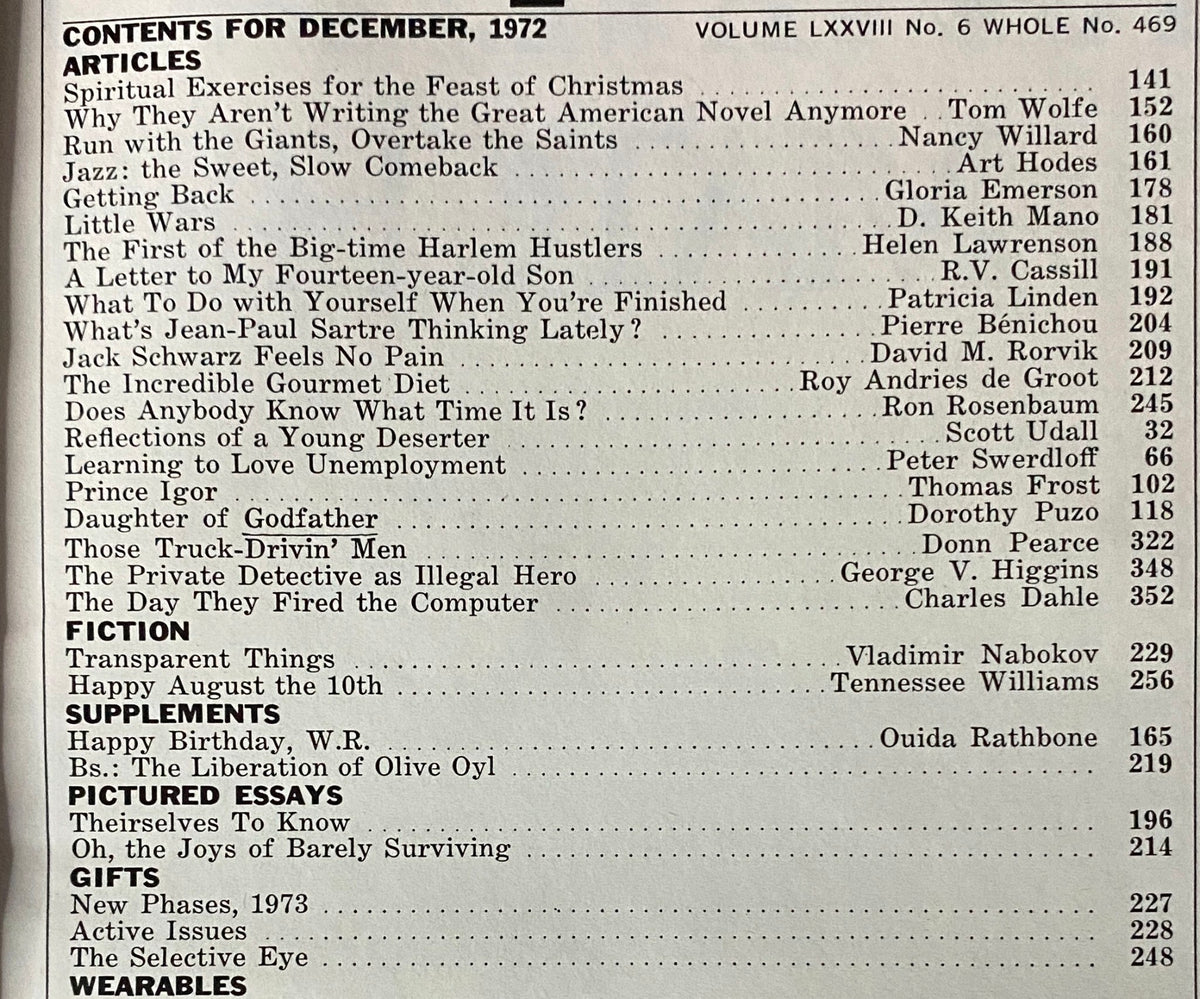 Table of contents from Esquire Magazine December 1972, highlighting articles such as 'Why They Aren’t Writing the Great American Novel Anymore' by Tom Wolfe and 'Bs: The Liberation of Olive Oyl'.