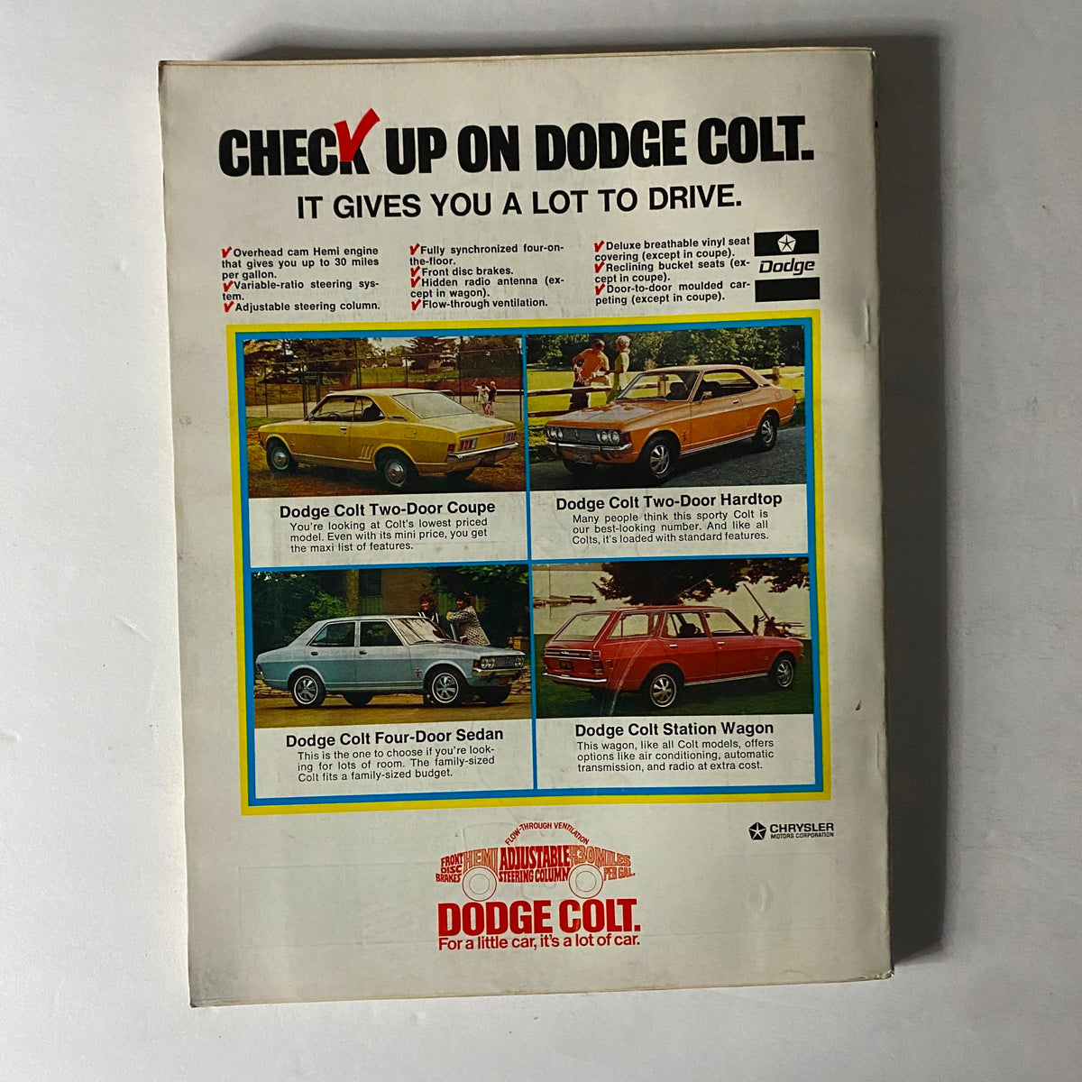 Back cover of Esquire Magazine May 1972 featuring a Dodge Colt advertisement. The ad showcases various Dodge Colt models including the two-door coupe, two-door hardtop, four-door sedan, and station wagon, highlighting features like four-on-the-floor transmission and adjustable steering column. The advertisement emphasizes the practicality and variety of the Dodge Colt, inviting readers to check up on the car's offerings.