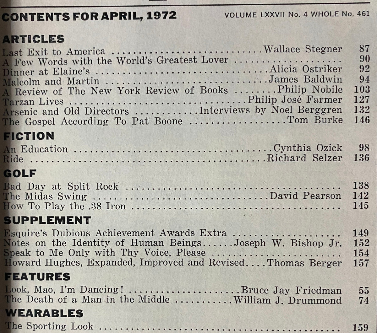 Table of contents for Esquire Magazine April 1972, listing features such as 'Last Exit to America' and 'Malcolm and Martin,' showcasing thought-provoking articles.