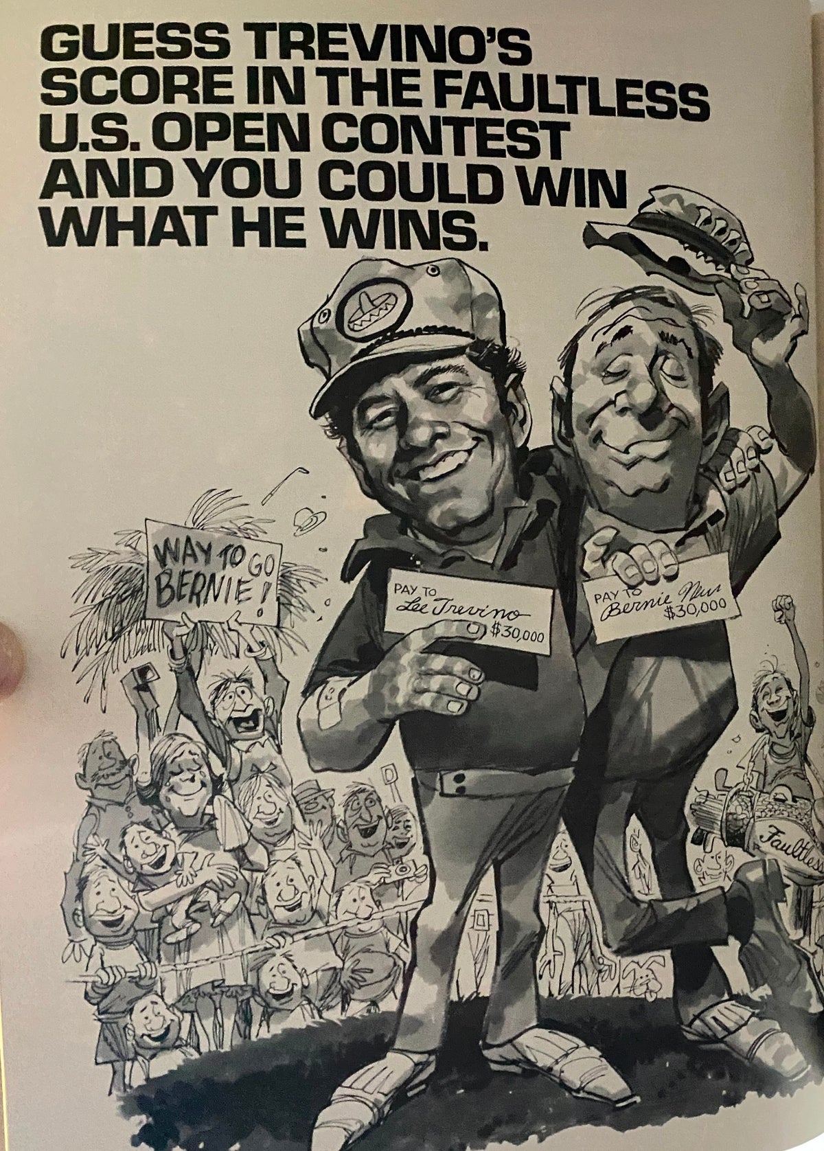 Illustration from Esquire Magazine April 1972 featuring a humorous contest related to golfer Lee Trevino, highlighting unique advertisement design.