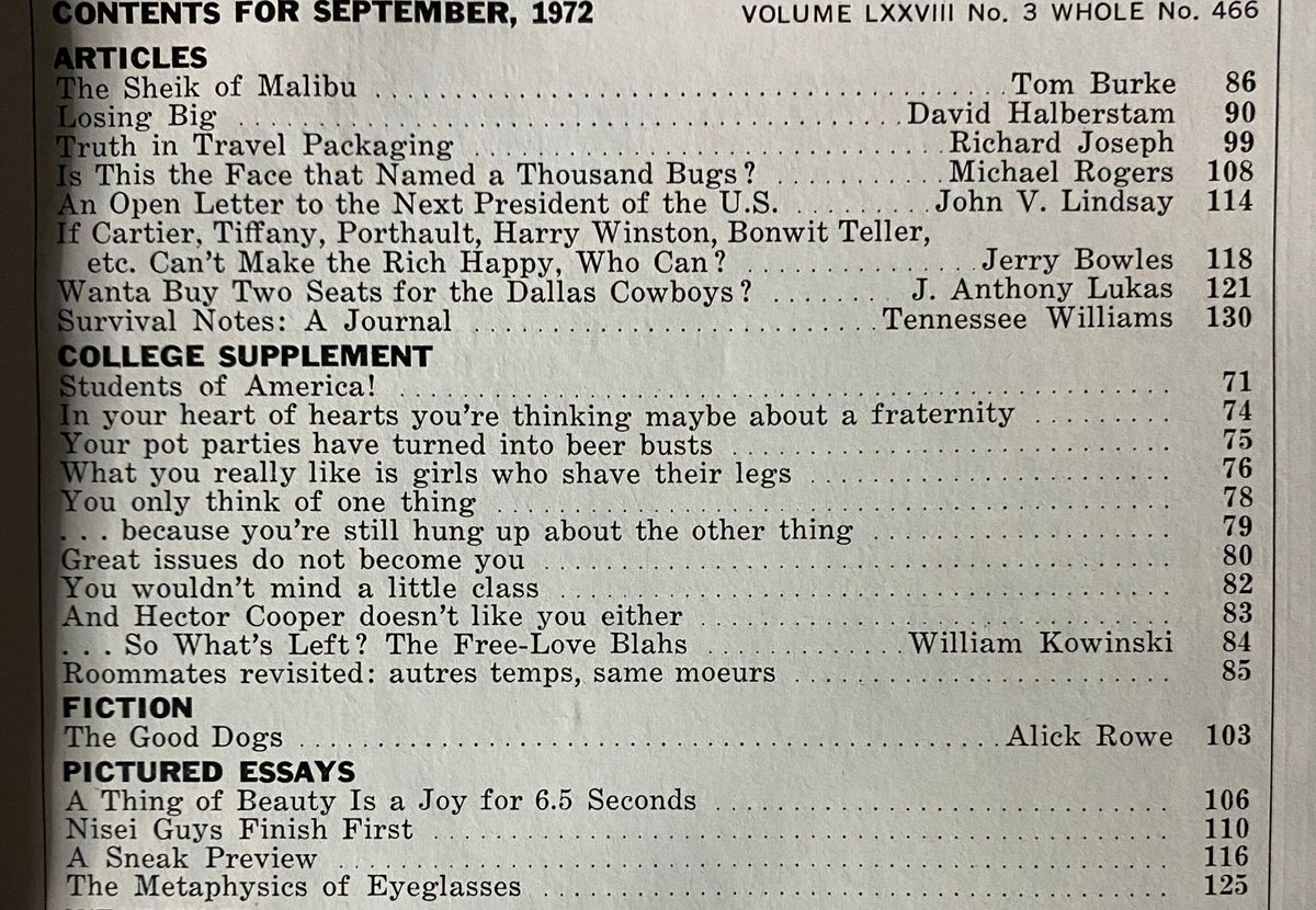 Table of contents from Esquire Magazine September 1972, showcasing articles including 'The Sheik of Malibu' and 'Losing Big' along with highlights of college supplement topics.