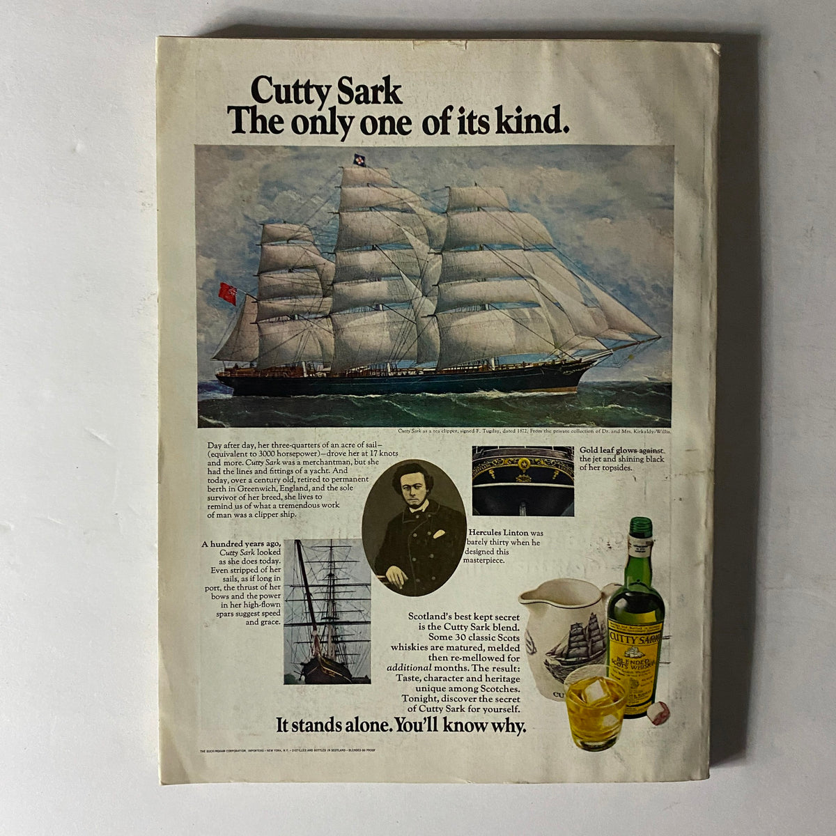 Advertisement from Esquire Magazine September 1972 for Cutty Sark whiskey, featuring the ship and historical details about its legacy.