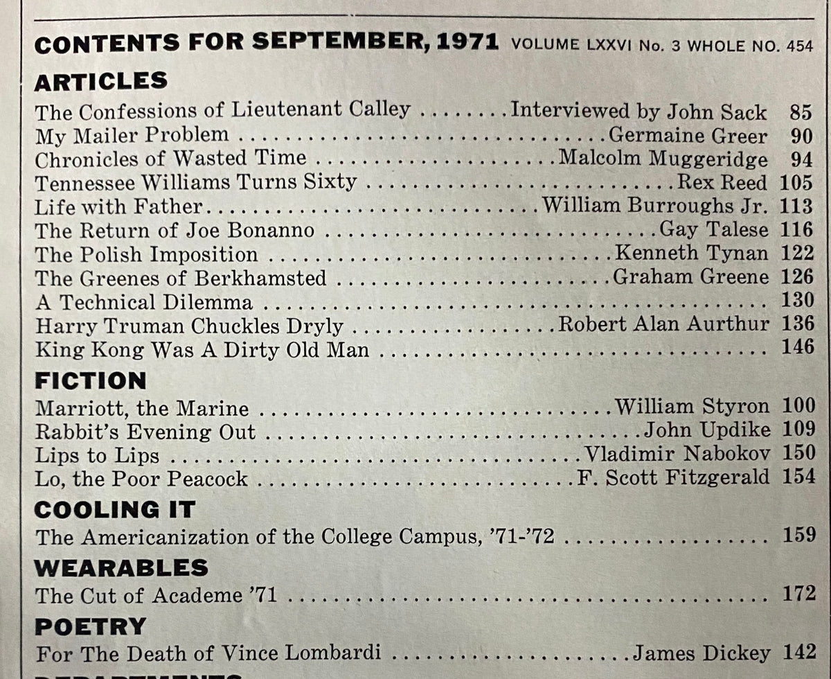 Contents page of Esquire Magazine September 1971 featuring notable articles and authors from the issue including interviews and fiction.