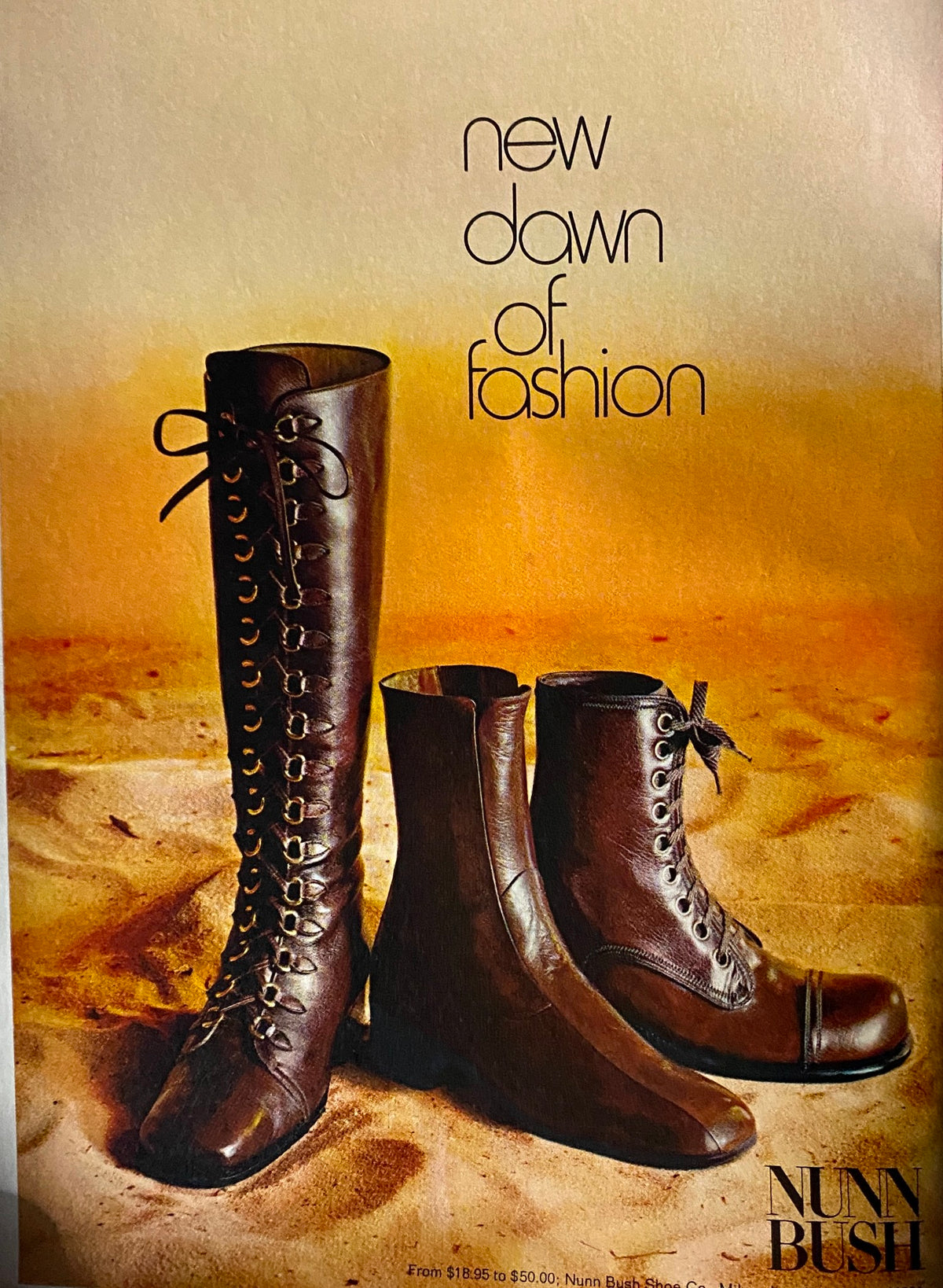 Vintage advertisement for Nunn Bush shoes featuring fashionable brown laced boots, titled 'New Dawn of Fashion', from Esquire Magazine September 1971.