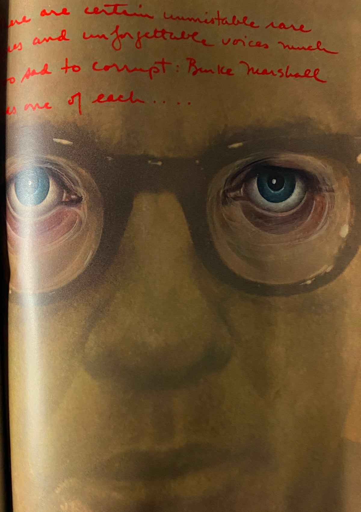 Close-up of an artistic portrayal of a person with glasses and prominent eyes, accompanied by handwritten text, featured in the February 1972 Esquire Magazine with Teddy Kennedy on the cover.