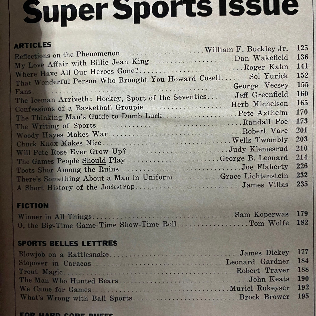 Table of contents from Esquire Magazine October 1974 Super Sports Special, listing notable articles about sports, including contributions from renowned writers like William F. Buckley Jr. and Dan Wakefield.