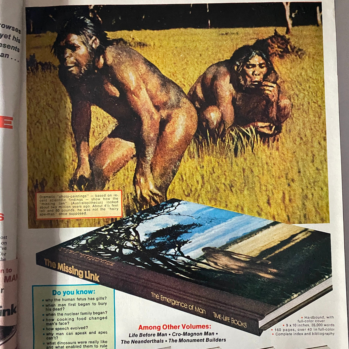 Article page from Esquire Magazine September 1974 showcasing a dramatic depiction of early humans with a book advertisement for 'The Missing Link'.