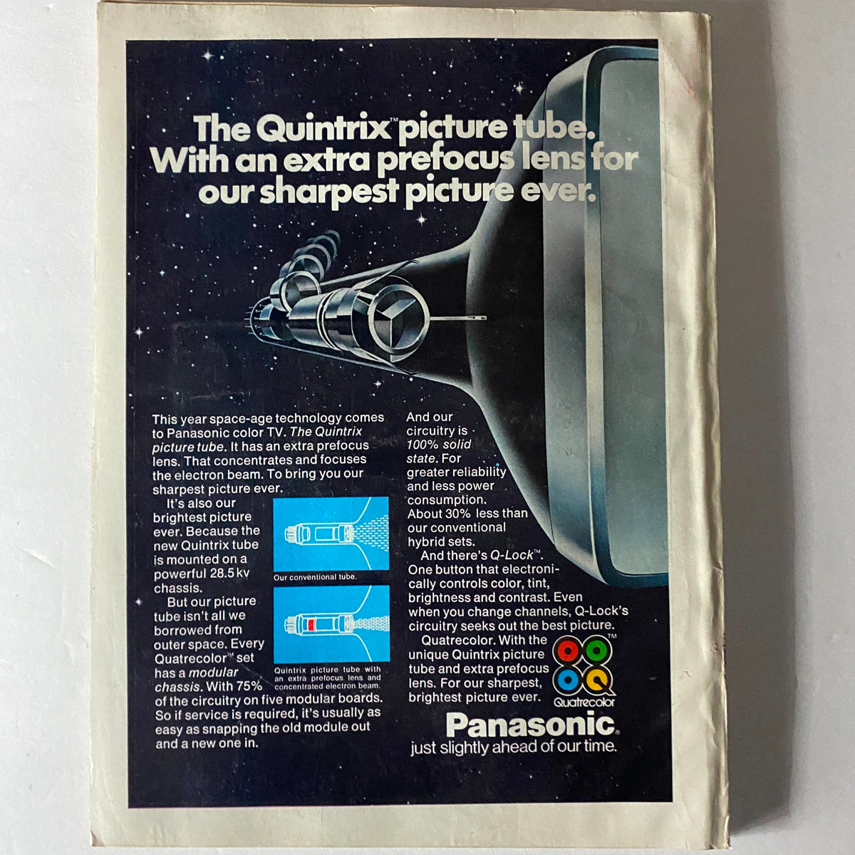Back cover of Esquire Magazine September 1974 advertising the Quintrix picture tube technology from Panasonic for sharper image quality.