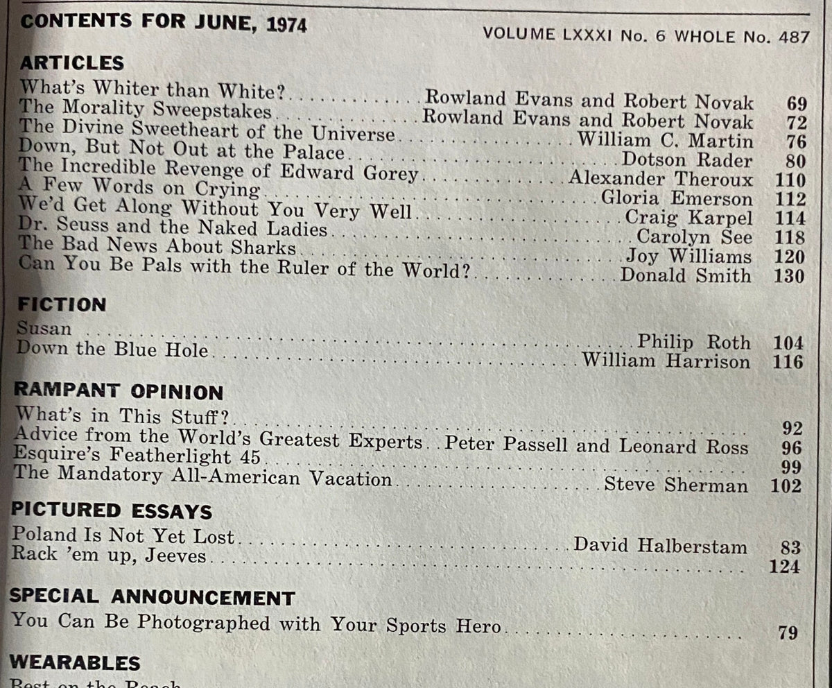 Contents page of Esquire Magazine June 1974 detailing featured articles including 'What's Whiter than White?' and 'The Morality Sweepstakes' by Rowland Evans and Robert Novak.