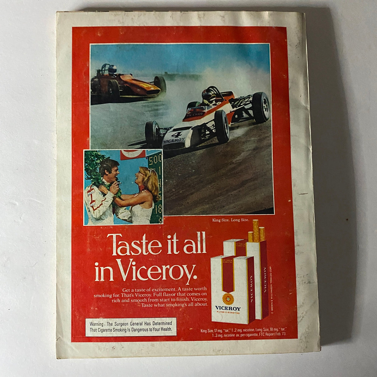 Vintage advertisement for Viceroy cigarettes in Esquire Magazine November 1973, featuring a race car scene and a couple celebrating, promoting the brand's tagline 'Taste it all in Viceroy'.