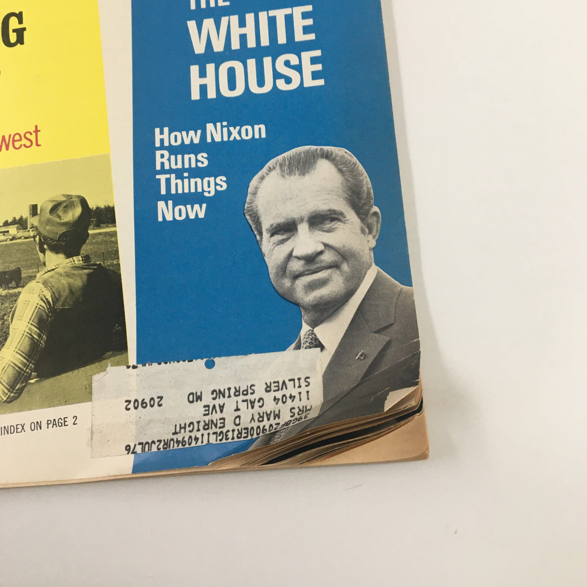 Close-up of the US News & World Report Magazine cover from April 23, 1973, showcasing Richard Nixon and articles on current political issues.