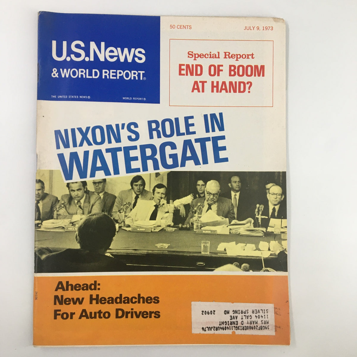 Cover of US News & World Report Magazine dated July 9, 1973 featuring the headline 'Nixon's Role in Watergate' with an image of a congressional hearing panel discussing the Watergate scandal.