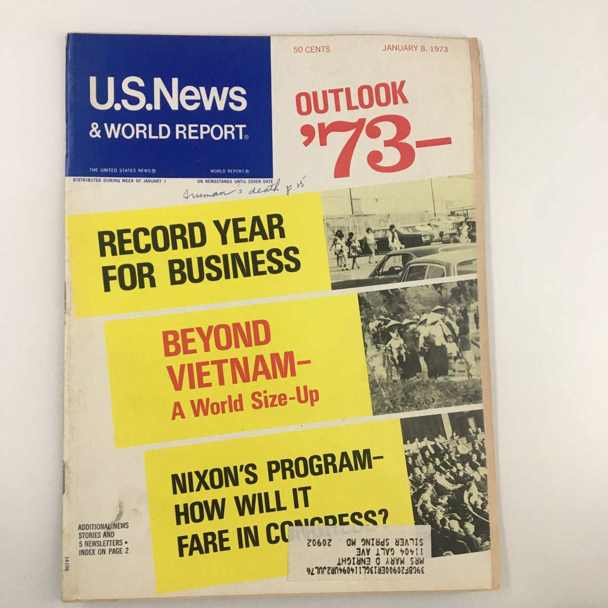 Cover of US News & World Report Magazine, January 8, 1973, featuring the title 'Beyond Vietnam: A World Size-Up,' with headlines about business and Nixon's program.