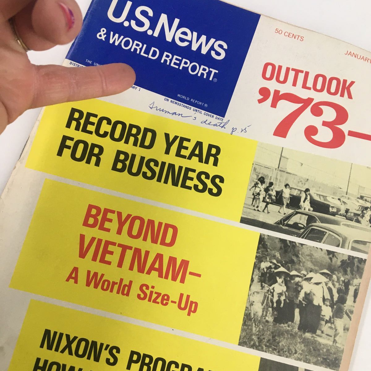 Close-up of the cover of US News & World Report Magazine, January 8, 1973, displaying the title 'Beyond Vietnam: A World Size-Up' along with other headlines including 'Record Year for Business' and 'Nixon's Program.'