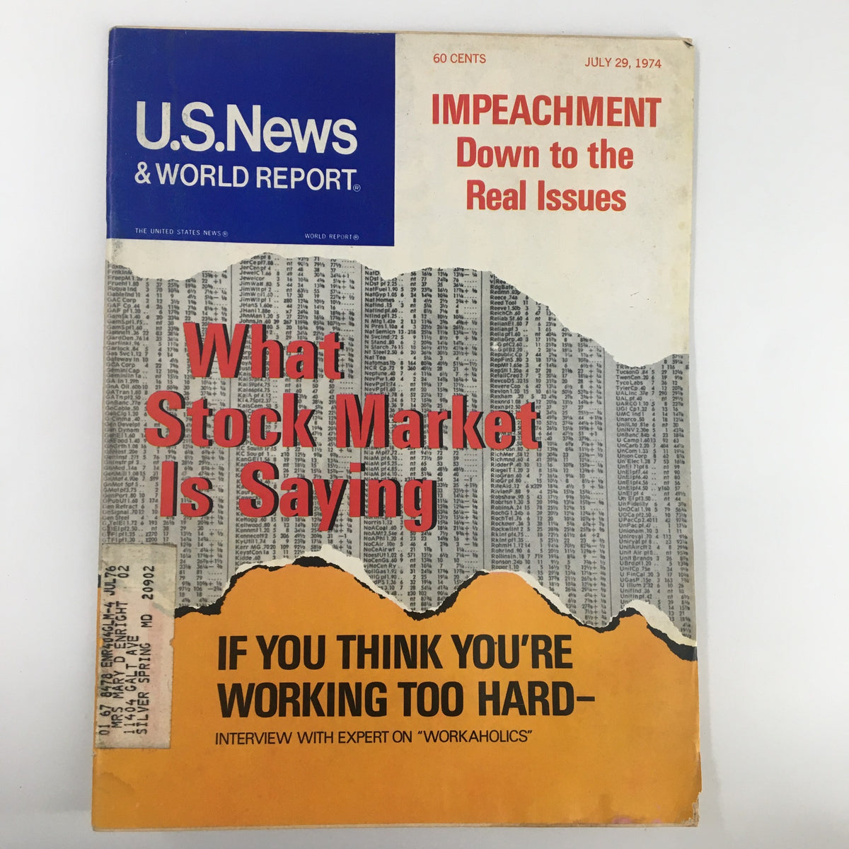 Cover of US News & World Report Magazine from July 29, 1974, featuring the title 'What Stock Market Is Saying'. The cover includes headlines about impeachment and an interview on workaholics, highlighting key discussions from that period in financial history.