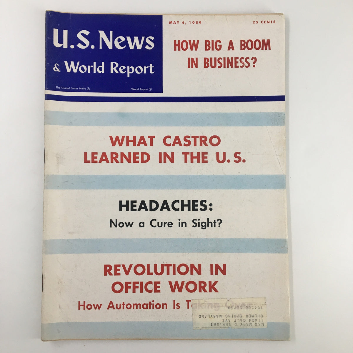 Cover of US News & World Report Magazine from May 4, 1959 featuring the headline 'Revolution in Office Work' and additional topics on business, Castro, and headaches.