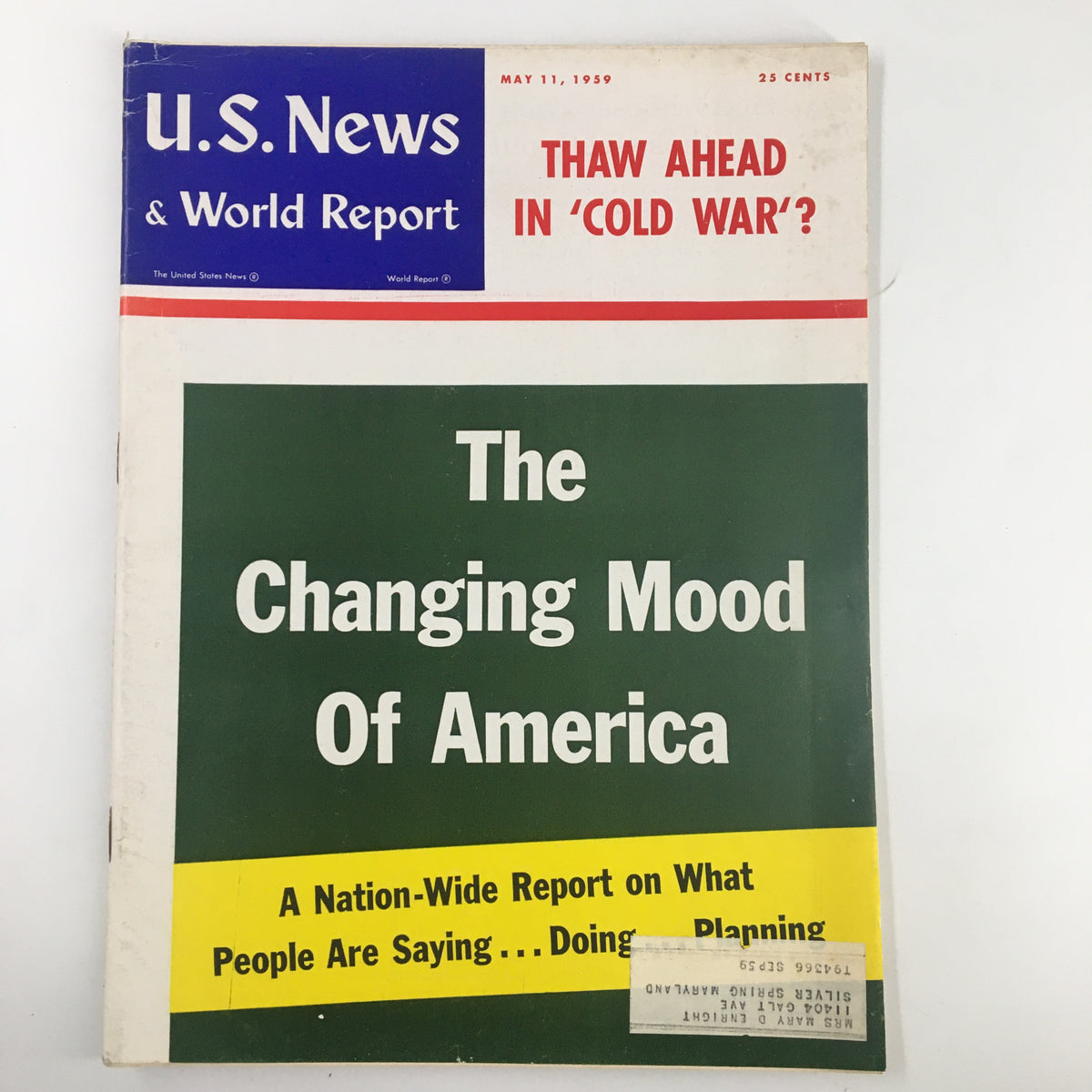 Cover of US News & World Report Magazine from May 11, 1959 featuring the headline 'Thaw Ahead in Cold War?' and an article titled 'The Changing Mood of America', showcasing vintage publication design.