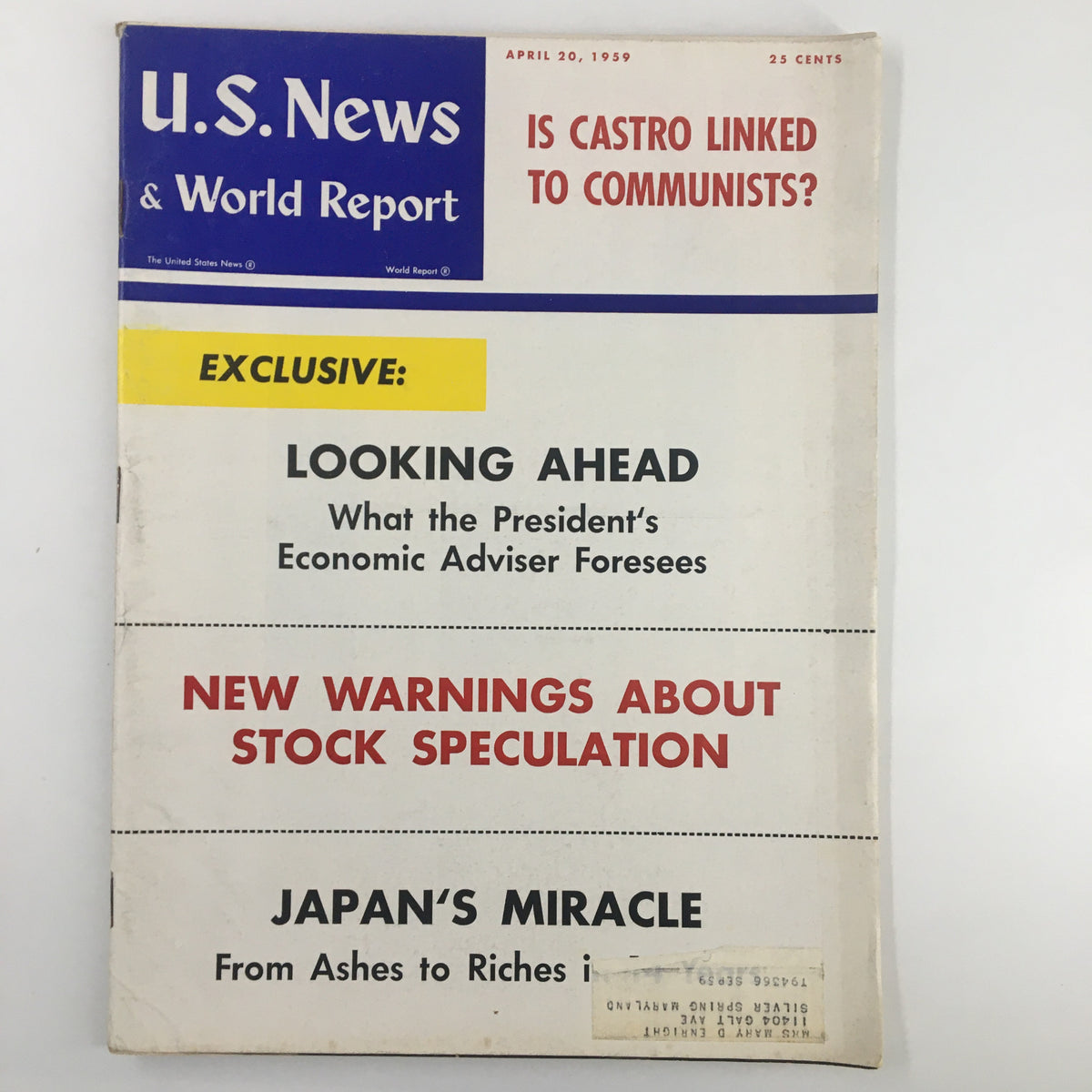 Cover of US News & World Report Magazine dated April 20, 1959, featuring the headline 'Is Castro Linked To Communists?' and sections on economic forecasts and stock speculation.
