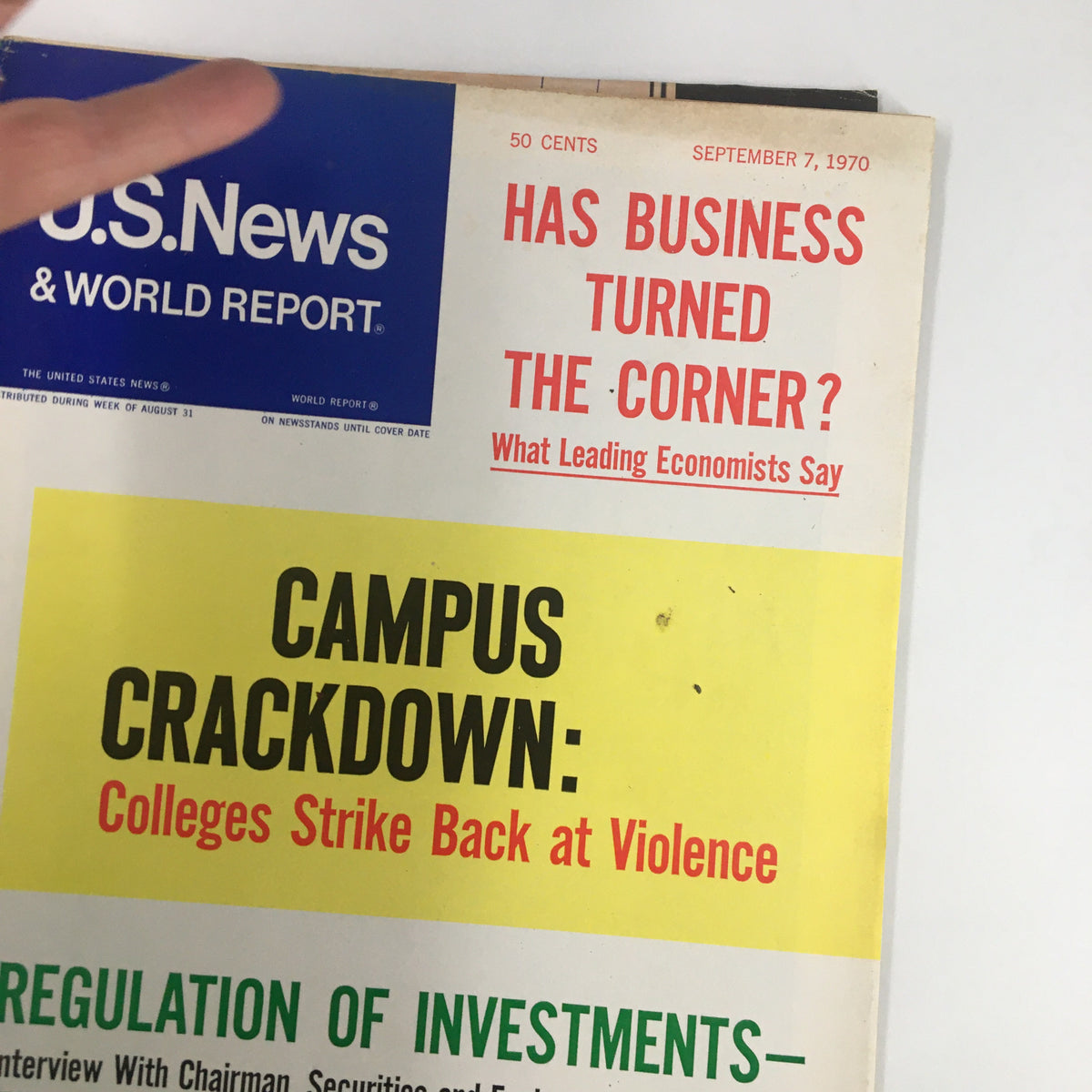Detailed view of the US News & World Report Magazine cover, September 7, 1970, showcasing the headline on investment regulation as part of the magazine's historical context.