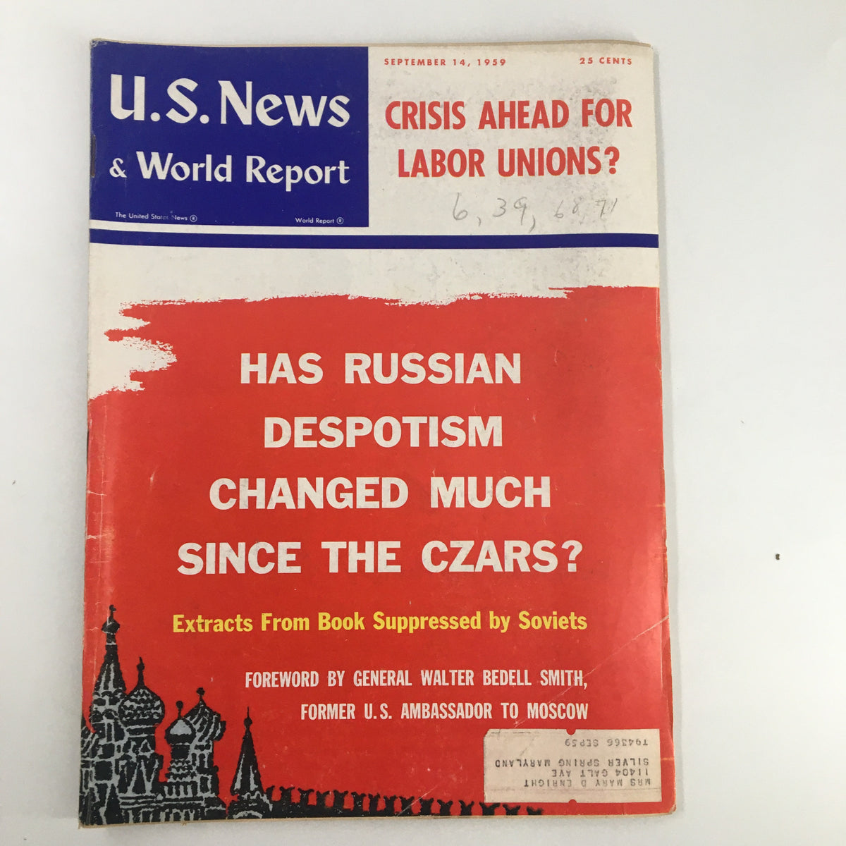 Cover of US News & World Report Magazine from September 14, 1959, featuring the headline 'Crisis Ahead for Labor Unions?' and an additional article titled 'Has Russian Despotism Changed Much Since the Czars?'