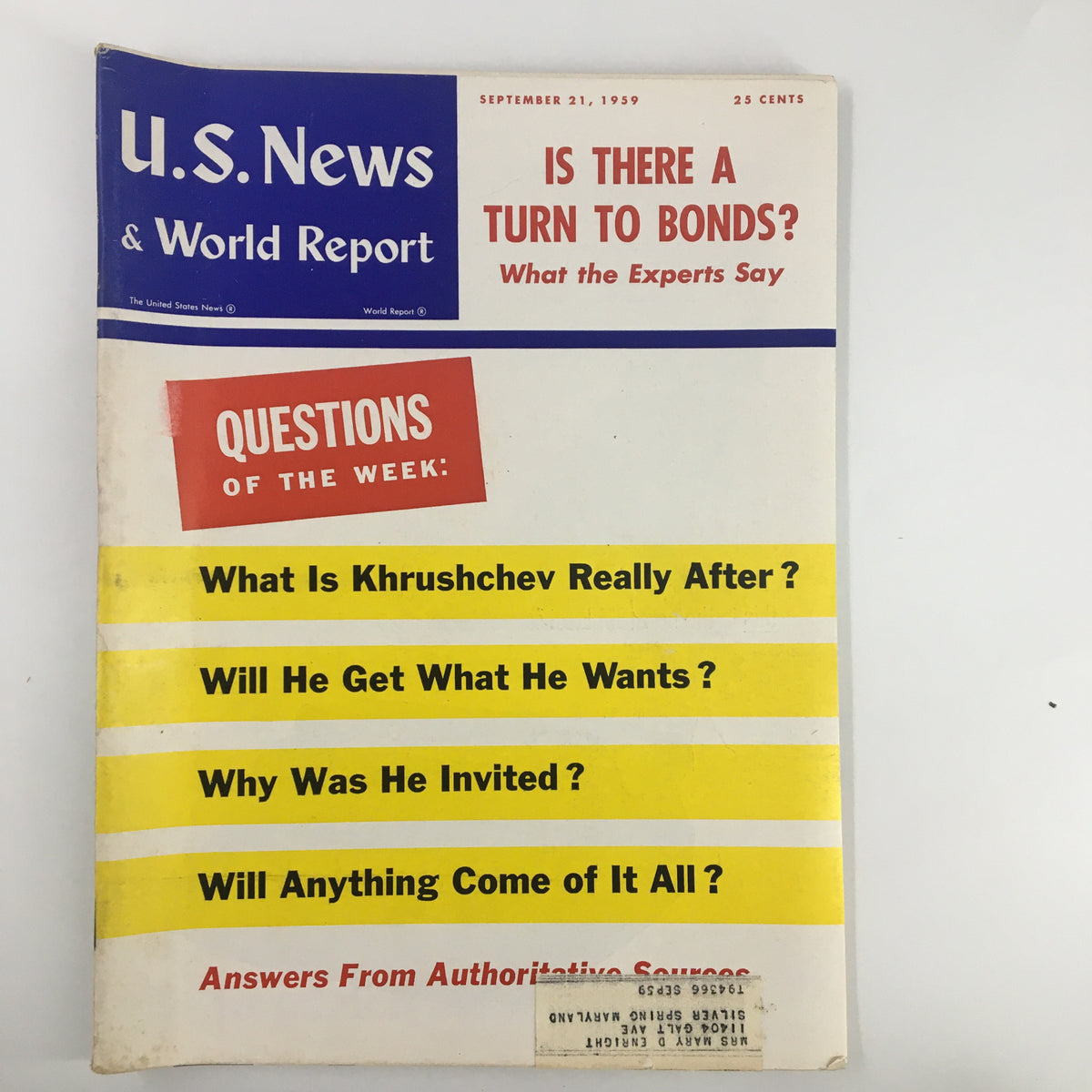 Cover of the US News & World Report Magazine from September 21, 1959, featuring a headline about Khrushchev and questions of the week, showcasing vintage design elements.