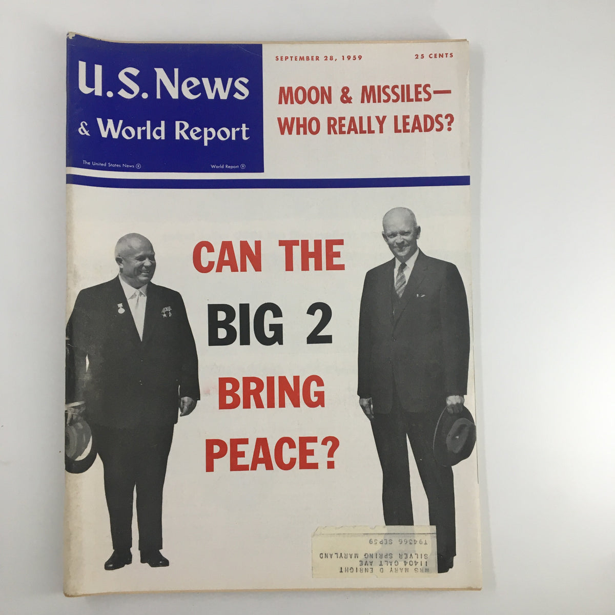 Cover of US News & World Report Magazine from September 28, 1959 featuring Dwight 'Ike' Eisenhower and a question about world peace.