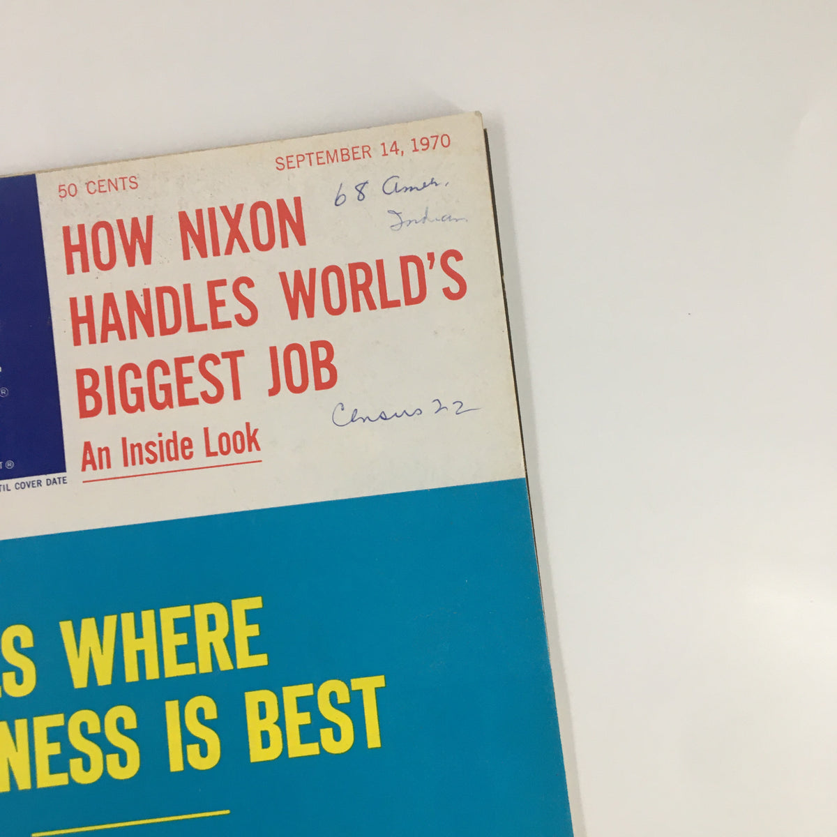 Close-up of the US News & World Report Magazine cover from September 14, 1970 showing the title 'Changes in Pension Plans' and an inside look at Nixon's presidency.