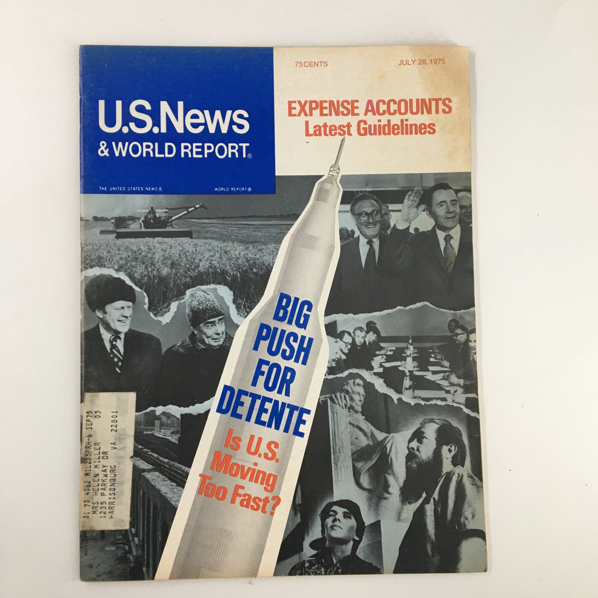 Cover of US News & World Report magazine from July 28, 1975, featuring the title 'Big Push for Detente: Is U.S. Moving Too Fast?', showcasing images related to Cold War diplomacy and international relations.