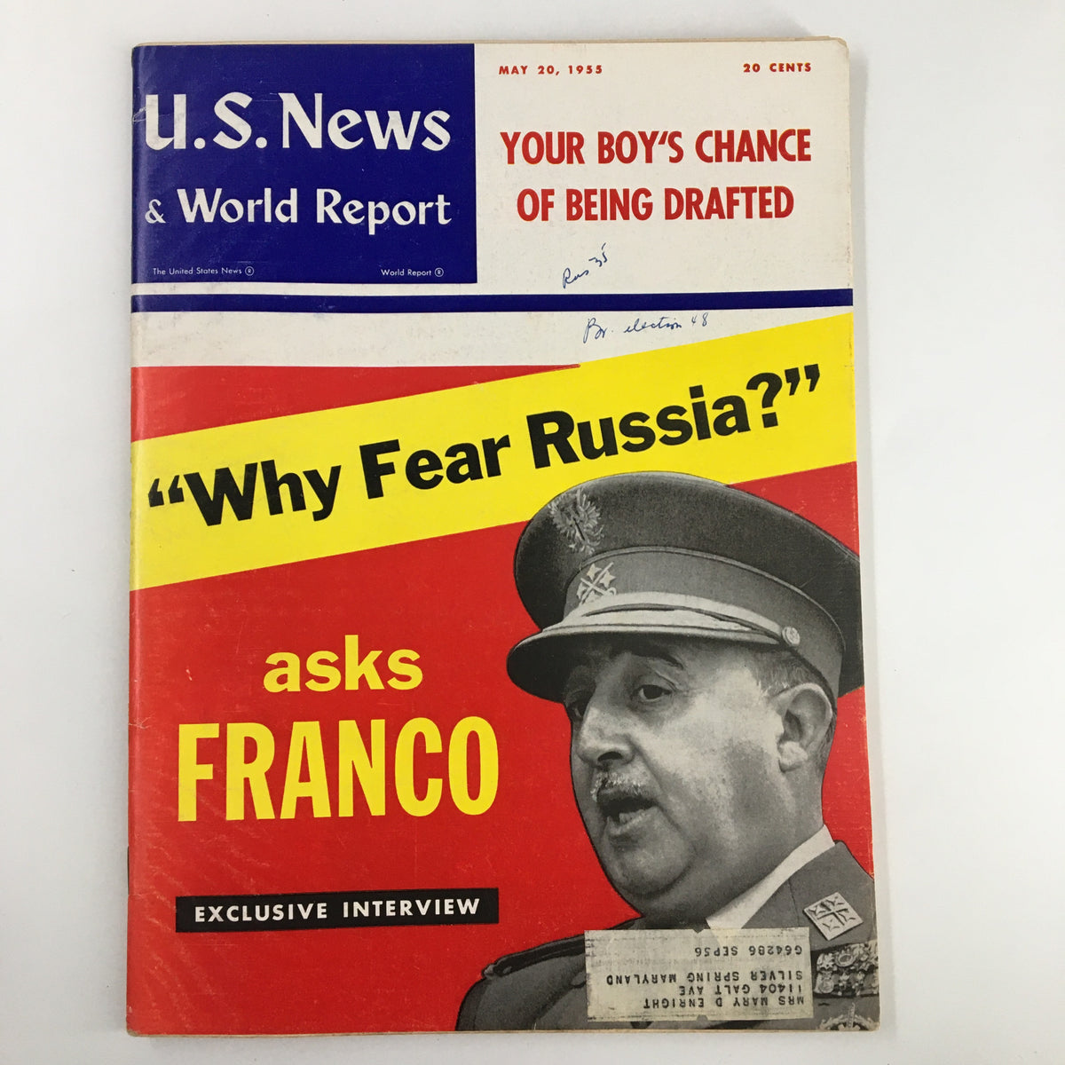Cover of US News & World Report Magazine dated May 20, 1955, featuring the headline 'Your Boy's Chance of Being Drafted' and the striking question 'Why Fear Russia?' alongside a black-and-white image related to the article.
