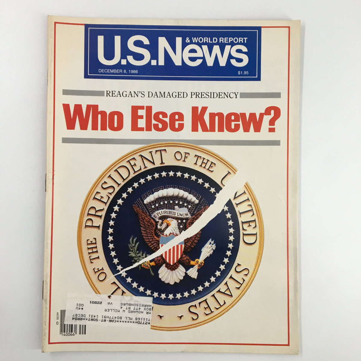 Cover of US News & World Report Magazine dated December 8, 1986, featuring the headline 'Reagan's Damaged Presidency' with the Presidential Seal.