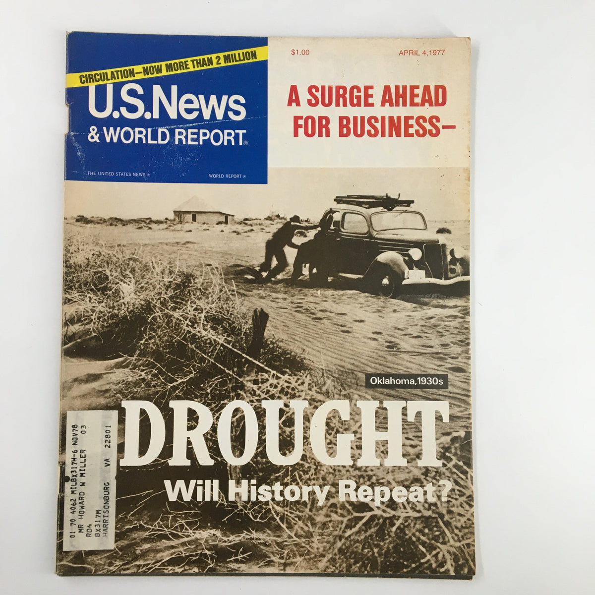Cover of US News & World Report Magazine, April 4, 1977, featuring the title 'Drought: Will History Repeat?' with an image depicting drought conditions in Oklahoma during the 1930s.